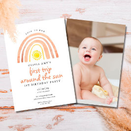 Boho Rainbow Sol First Resa Foto First Birthday Inbjudningar