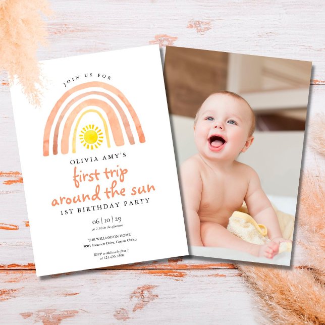 Boho Rainbow Sol First Resa Foto First Birthday Inbjudningar (Skapare uppladdad)