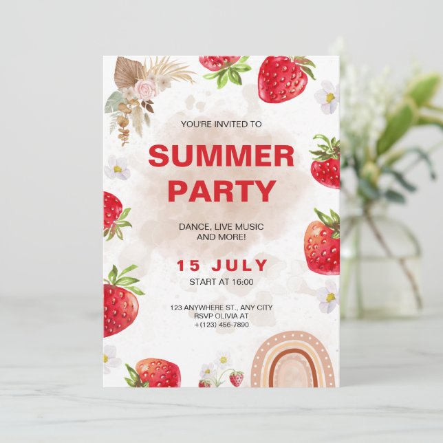 Boho Rainbow Strawberry Party Tropical Vatten Inbjudningar (Stående Fram)