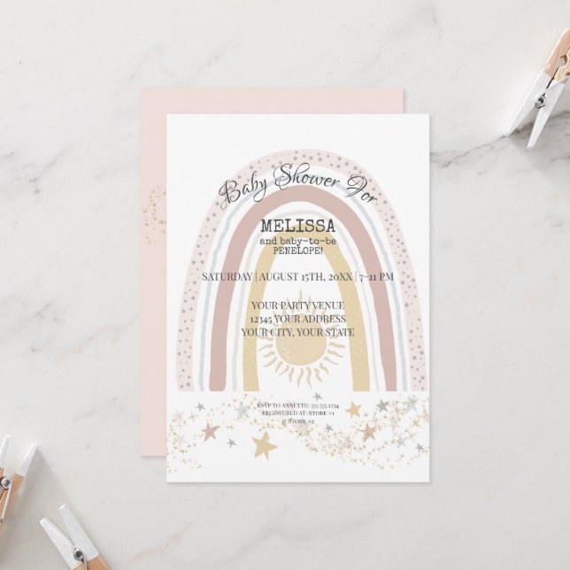 Boho Rainbow Sunshine Rosa Mustard Guld Stars Girl Inbjudningar (Fram/Back In Situ)