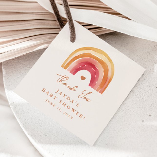 Boho Rainbow Terracotta Baby Shower Tack Gåvor Etiketter (Boho rainbow hand-painted watercolor baby shower thank you favor tag.)