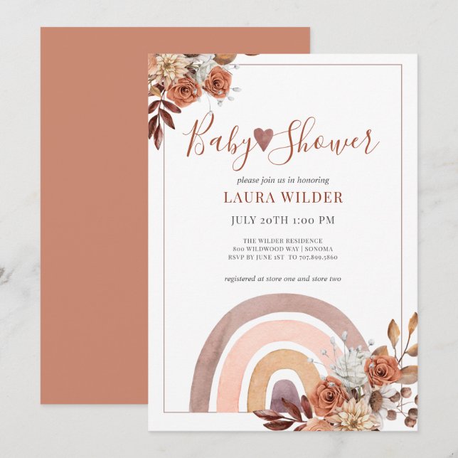 Boho Rainbow Terracotta Burnt Orange Baby Shower Inbjudningar (Fram/baksida)
