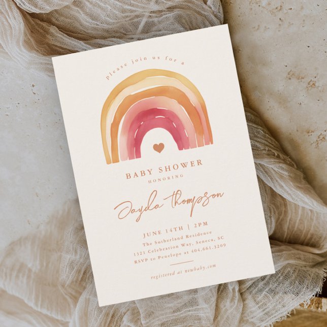 Boho Rainbow Terrakotta Baby Shower Inbjudningar (Boho rainbow hand painted baby shower invitations.)