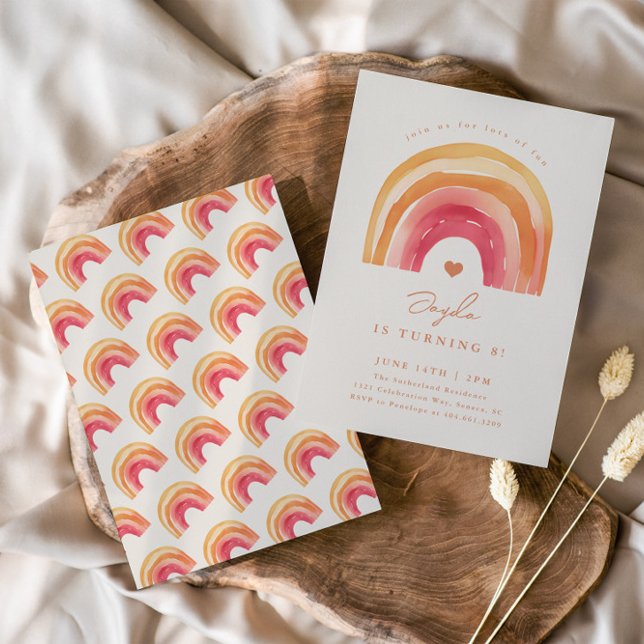 Boho Rainbow Terrakotta Barnkalas Inbjudningar (Boho watercolor rainbow kids birthday party invitations.)