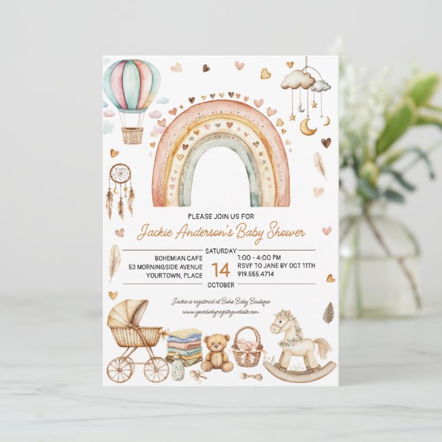Boho Rainbow Watercolor Baby Shower Inbjudningar (Stående Fram)