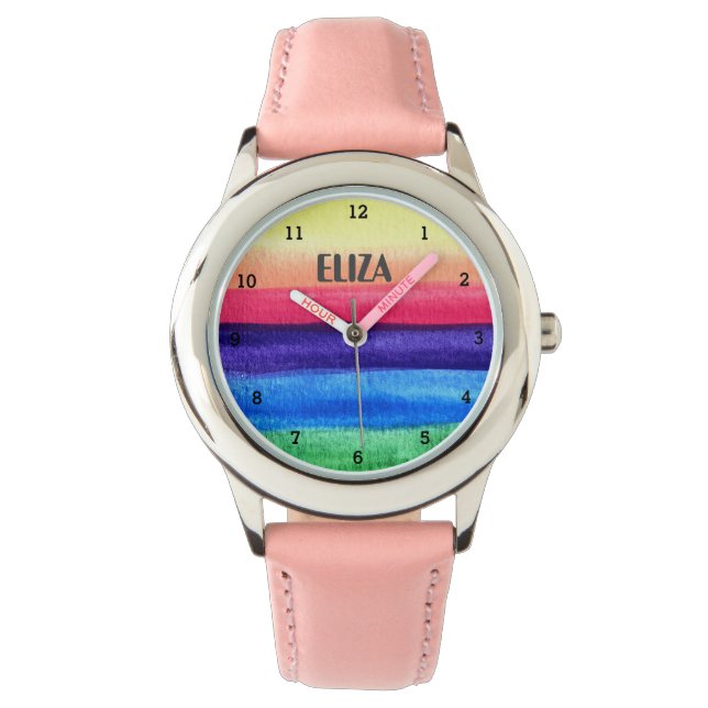 Boho Rainbow Watercolor Cute Girls Rosa Kids namn Armbandsur (Framsida)