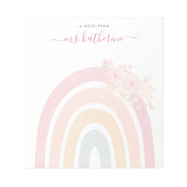 Boho Rainbow Watercolor Rosa Blommigt Teacher's Anteckningsblock (Framsida)