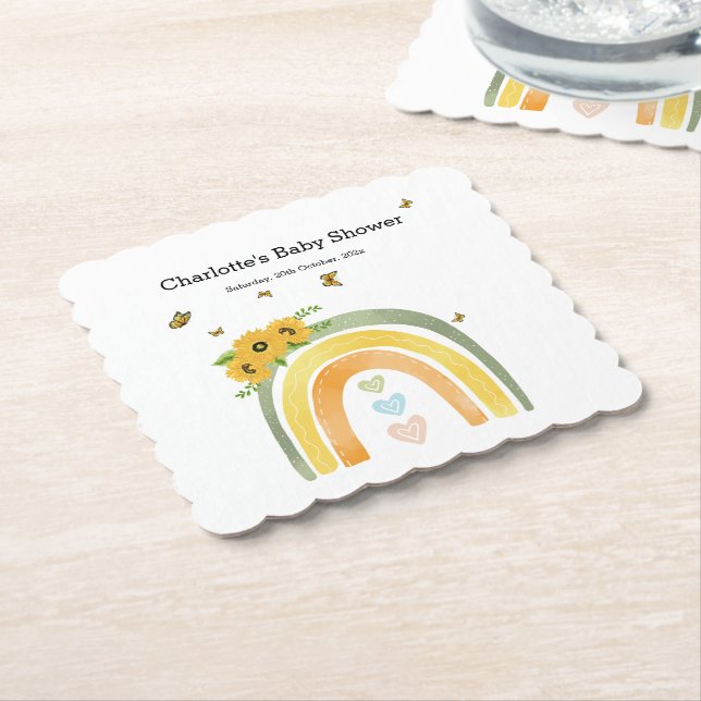 Boho Rainbow with SunblommBaby Shower Underlägg Papper (Vinklad)
