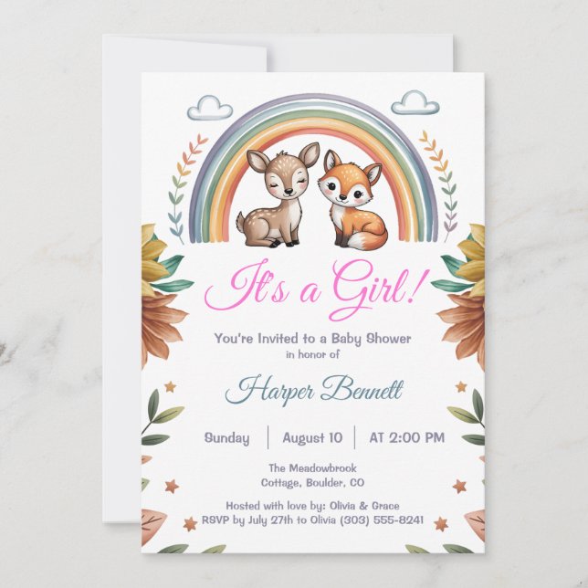 Boho Rainbow Woodland Animals Girl Baby Shower Inbjudningar (Framsida)