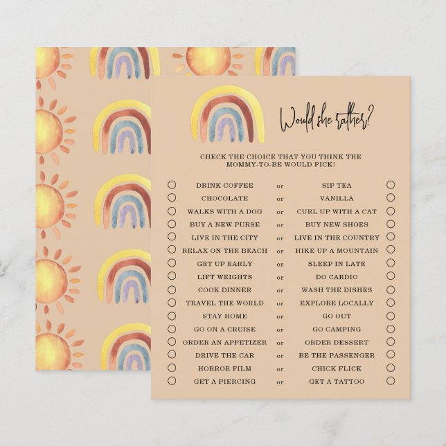 Boho Rainbow Would She Rather Baby Shower-spel (Fram/baksida)
