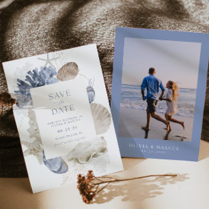 Boho Ram Beach Snäcka Dusty Blue Photo Bröllop Spara Datumet