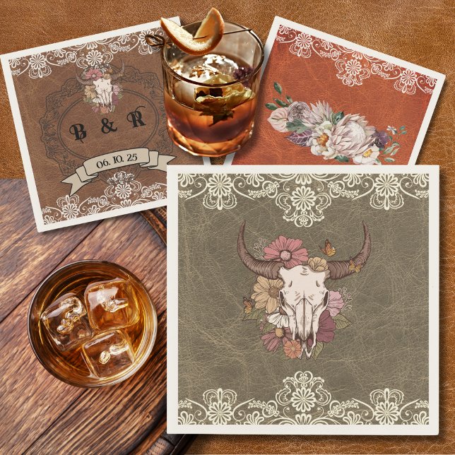 Boho Ranch Blommigt Bull Skull Papper Cocktail Nap Pappersservett (Skapare uppladdad)