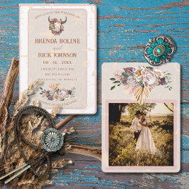 Boho Ranch White Leather Photo Wedding bjudande Inbjudningar