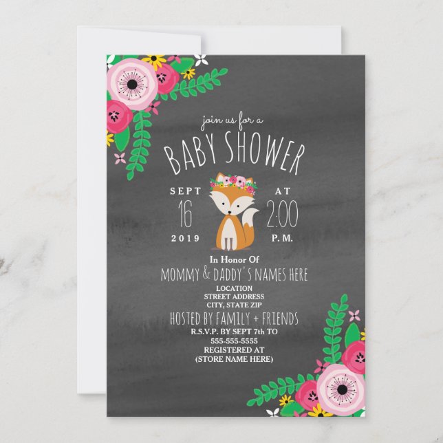 Boho rävmörk - grå vattenfärgbaby showerinbjudan inbjudningar (Framsida)