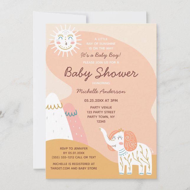 Boho Ray of Sunshine Elephant Muted Baby Shower (Framsida)