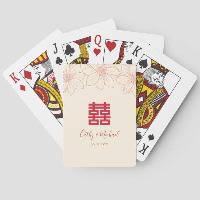 Boho red and beige blommigt Chinese bröllop Casinokort (Baksidan)