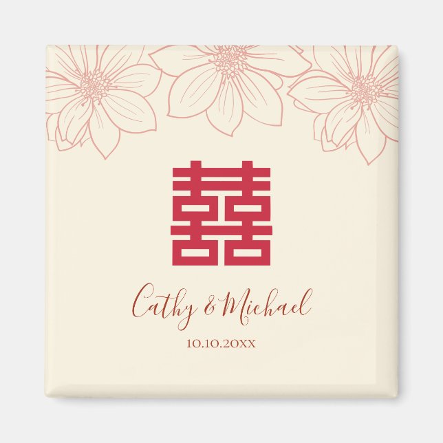 Boho red and beige blommigt Chinese bröllop Magnet (Framsidan)