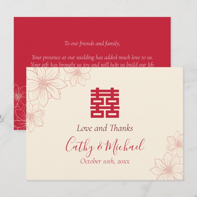 Boho red and beige blommigt Chinese bröllop Tack Kort (Fram/baksida)