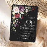 Boho Red  and Lila Blommigt 60:e födelsedagen Inbjudningar<br><div class="desc">Fira en 60-årsdag i vacker boho stil med den här unika vattenfärgen blommigt födelsedagsfest inbjudan i sofistikerad svart. Den har en underbar hörnbukett i snyggtens färg, där man kombinerar burgundröd, rosa, plommonlila och persikor med riklig grej som är spridd över hela blommigten. Det är ett fantastiskt val för firande när...</div>
