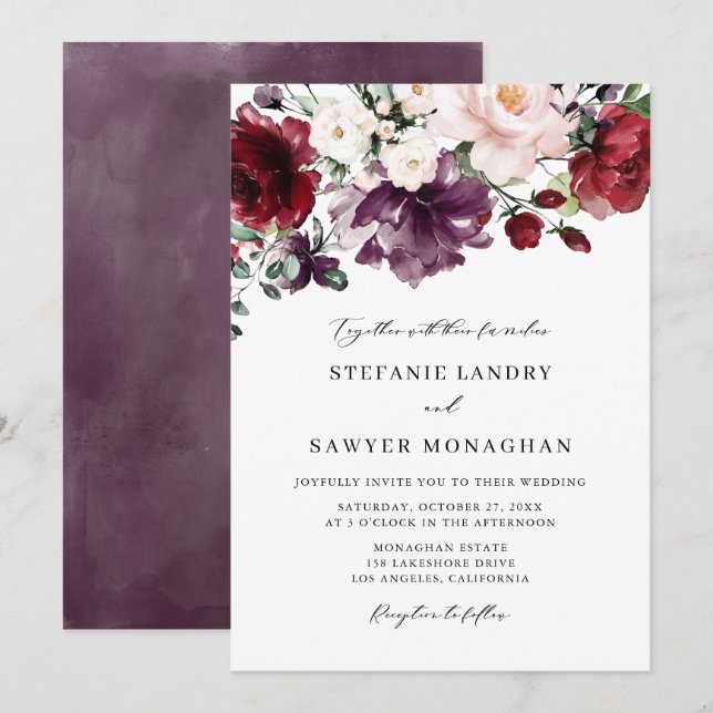 Boho Red and Lila Watercolor Flowers Bröllop Inbjudningar (Fram/baksida)