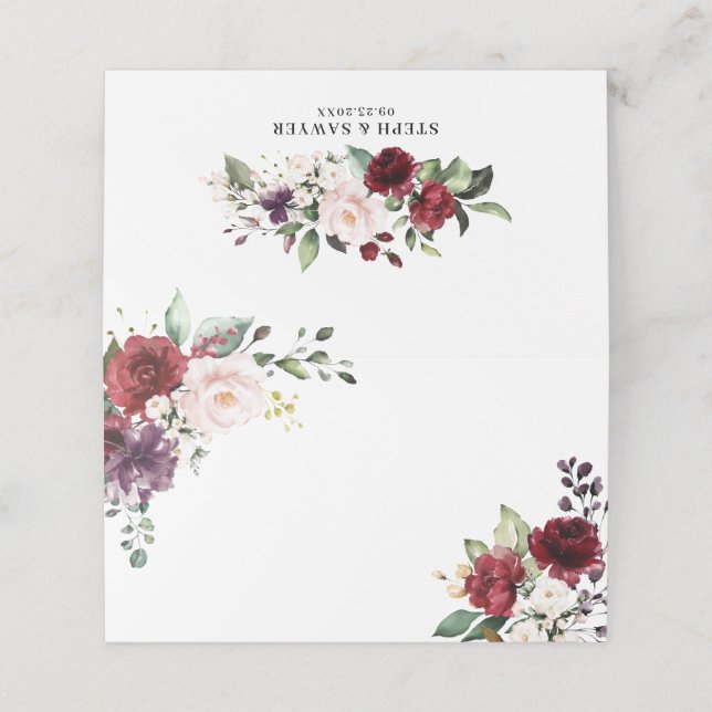 Boho Red and Lila Watercolor Flowers Bröllop Placeringskort (Utvändigt utvikt)