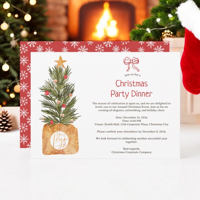 Boho Red and White Corporate Julgran Party Inbjudningar (Boho Red and White Corporate Christmas Tree Party Invitation)