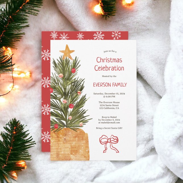 Boho Red and White Scandi Julgran Party Inbjudningar (Boho Red and White Scandi Christmas Tree Party Invitation)