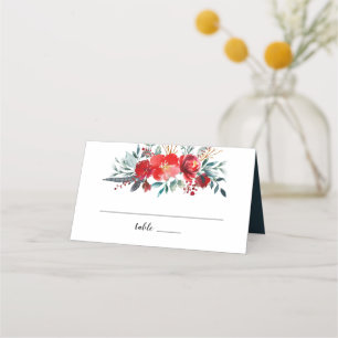 Boho Red Blommigt Feather WAN Monogram Bröllop Placeringskort