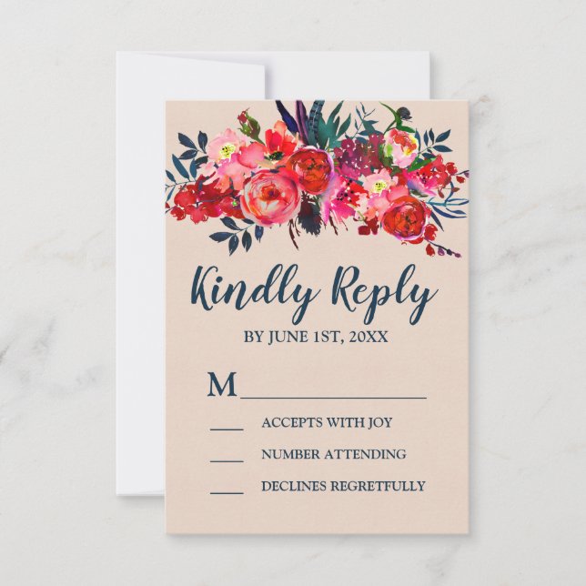 Boho Red Blommigt OSA Responcard Kort (Framsida)