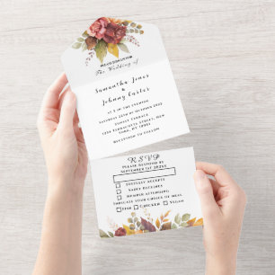 Boho Red Burgundy Blommigt Script Bröllop Elegant