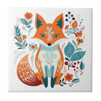 Boho Red Fox Scandinavian Folk Art Kakelplatta