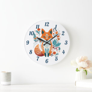 Boho Red Fox Scandinavian Folk Art Stor Klocka