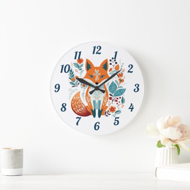 Boho Red Fox Scandinavian Folk Art Stor Klocka (Hem)