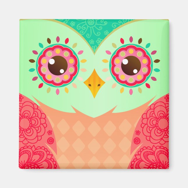 Boho Red & Grönt Uggla Magnet (Framsidan)