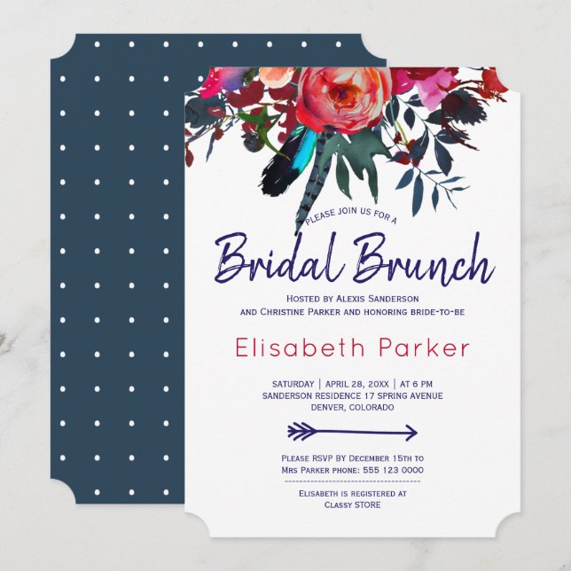 Boho red navy blue blommigt bouquet möhippa brunch inbjudningar (Fram/baksida)