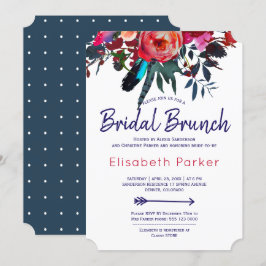 Boho red navy blue blommigt bouquet möhippa brunch inbjudningar