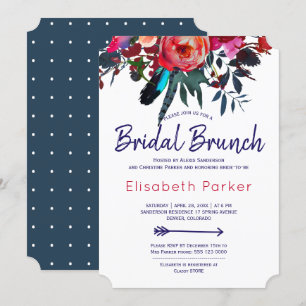 Boho red navy blue blommigt bouquet möhippa brunch inbjudningar