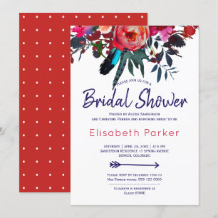 Boho red navy blue blommigt bouquet möhippa inbjudningar