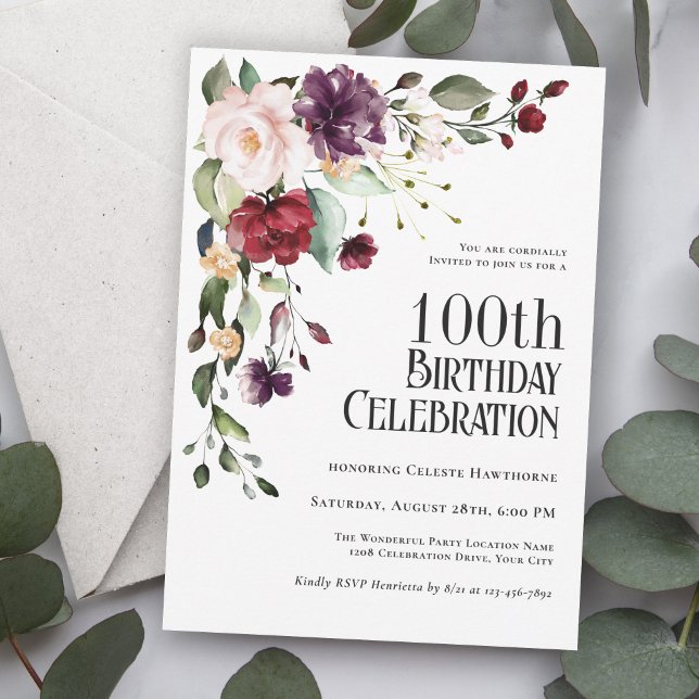 Boho Red,  och Lila 100:e Födelsedagsfesten Inbjudningar (An elegant choice in invitations for celebrating a 100th Birthday in style!)