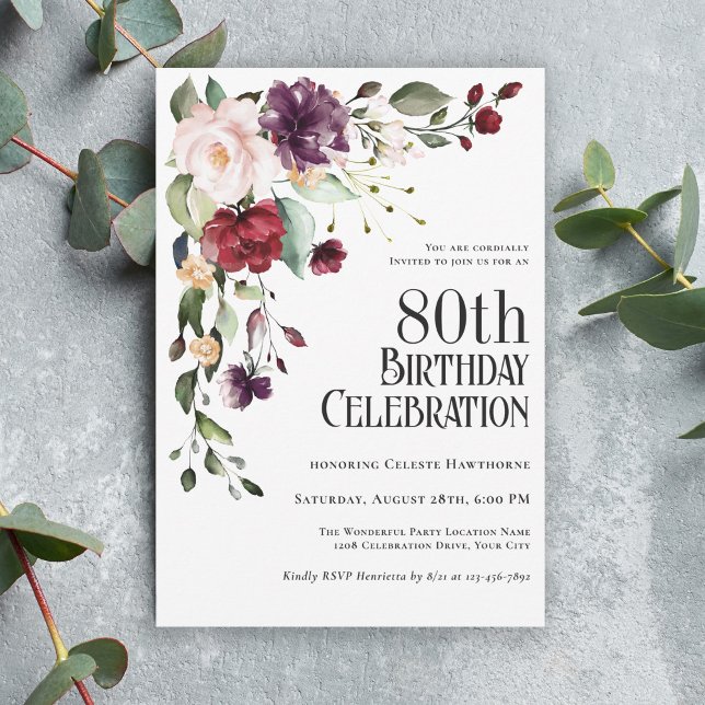 Boho Red  och Lila 80:e Födelsedagsfesten Inbjudningar (Host an 80th birthday party in lovely feminine style with this custom invitation.)