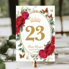 Boho Red Peonies Blommigt Butterflies Quinceanera Bordsnummer