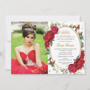 Boho Red Peonies Blommigt Butterflies Quinceañera Inbjudningar