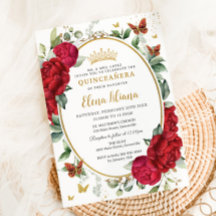 Boho Red Peonies Blommigt Butterflies Quinceañera