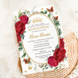 Boho Red Peonies Blommigt Butterflies Quinceañera Inbjudningar
