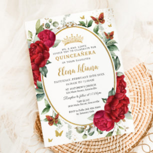 Boho Red Peonies Blommigt Butterflies Quinceañera Inbjudningar