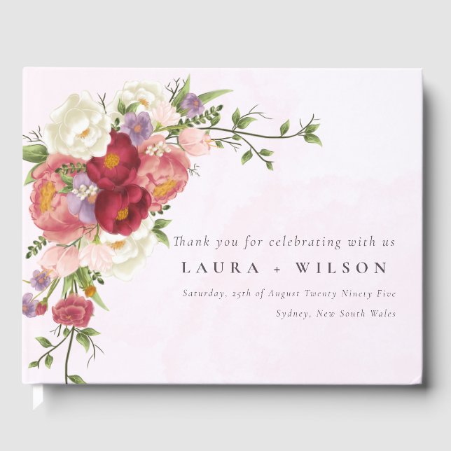 Boho Red Rosa vit ros Flowers Bröllop Gästböcker (Framsida)