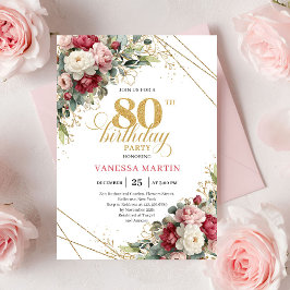 Boho Red White Greenery 80th Birthday Invite Inbjudningar