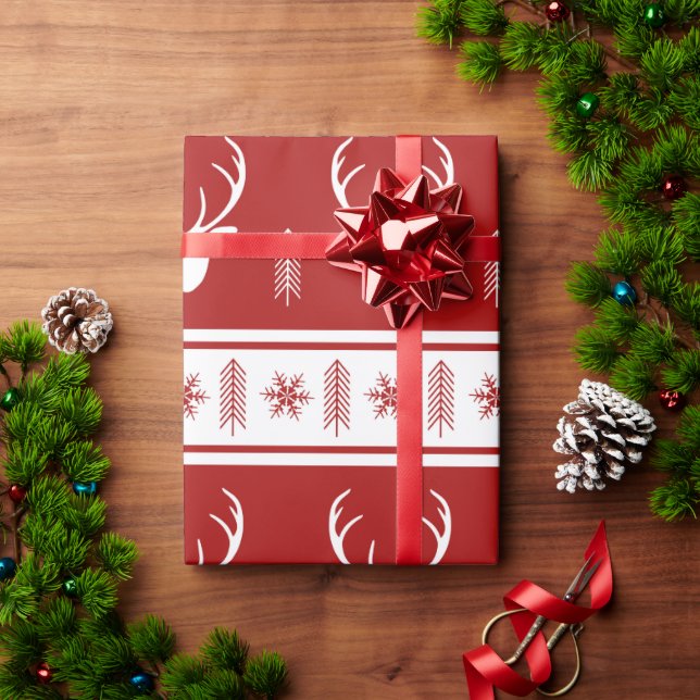 Boho Red White Reindeer Snowflake-jul Presentpapper (Julgåva)