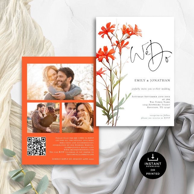 Boho Red Wildblommor Vi gör 3 foto QR Bröllop Inbjudningar (Front and back view)