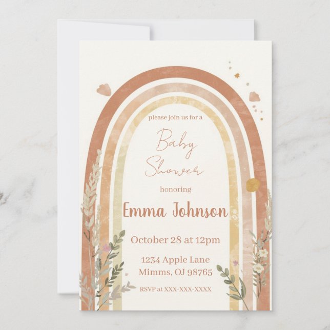 Boho regnbåge baby shower inbjudan – Akvarell (Framsida)